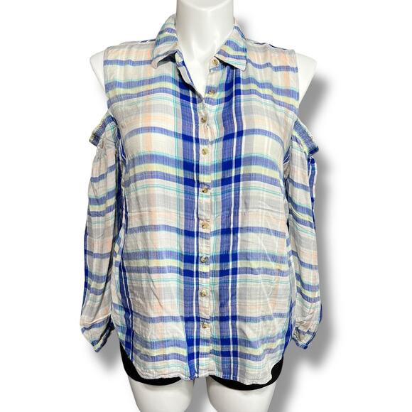 Maurices Womens Shirt Button Down Collared Cold Shoulder Long Sleeve Plaid 1X - Picture 1 of 9
